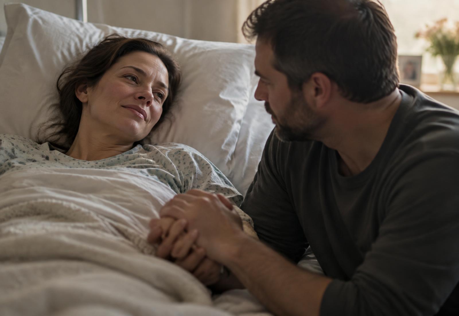 A woman in a hospital bed holding her partner's hand