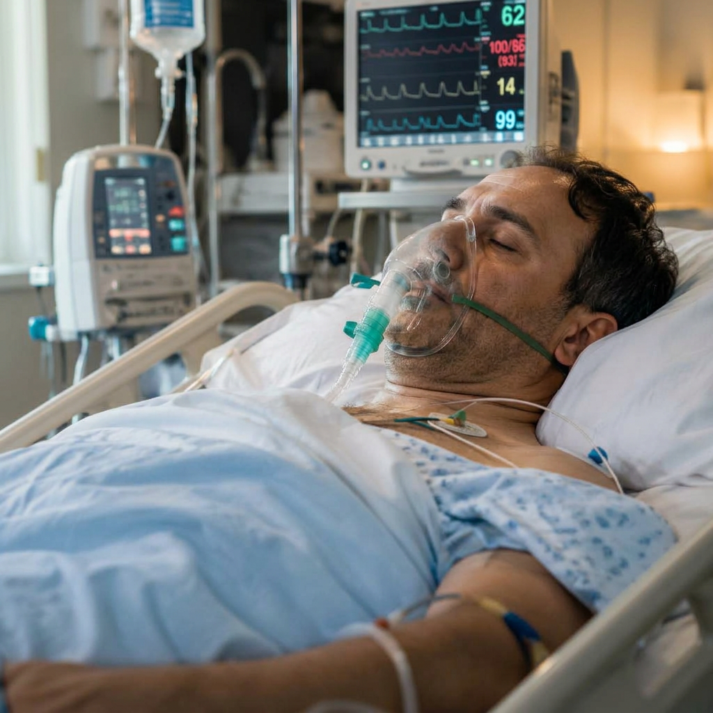 A man lying unconscious in an intensive care bed