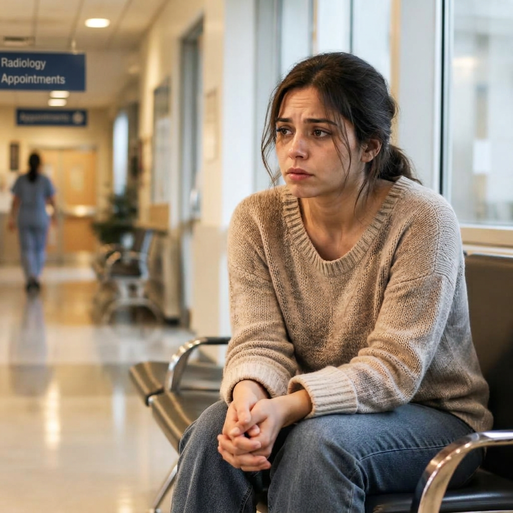A worried woman waiting alone in a hospital corridor